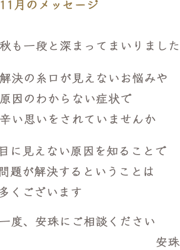 11月のメッセージ 秋も一段と深まってまいりました 解決の糸口が見えないお悩みや原因のわからない症状で辛い思いをされていませんか 目に見えない原因を知ることで問題が解決するということは多くございます 一度、安珠にご相談ください